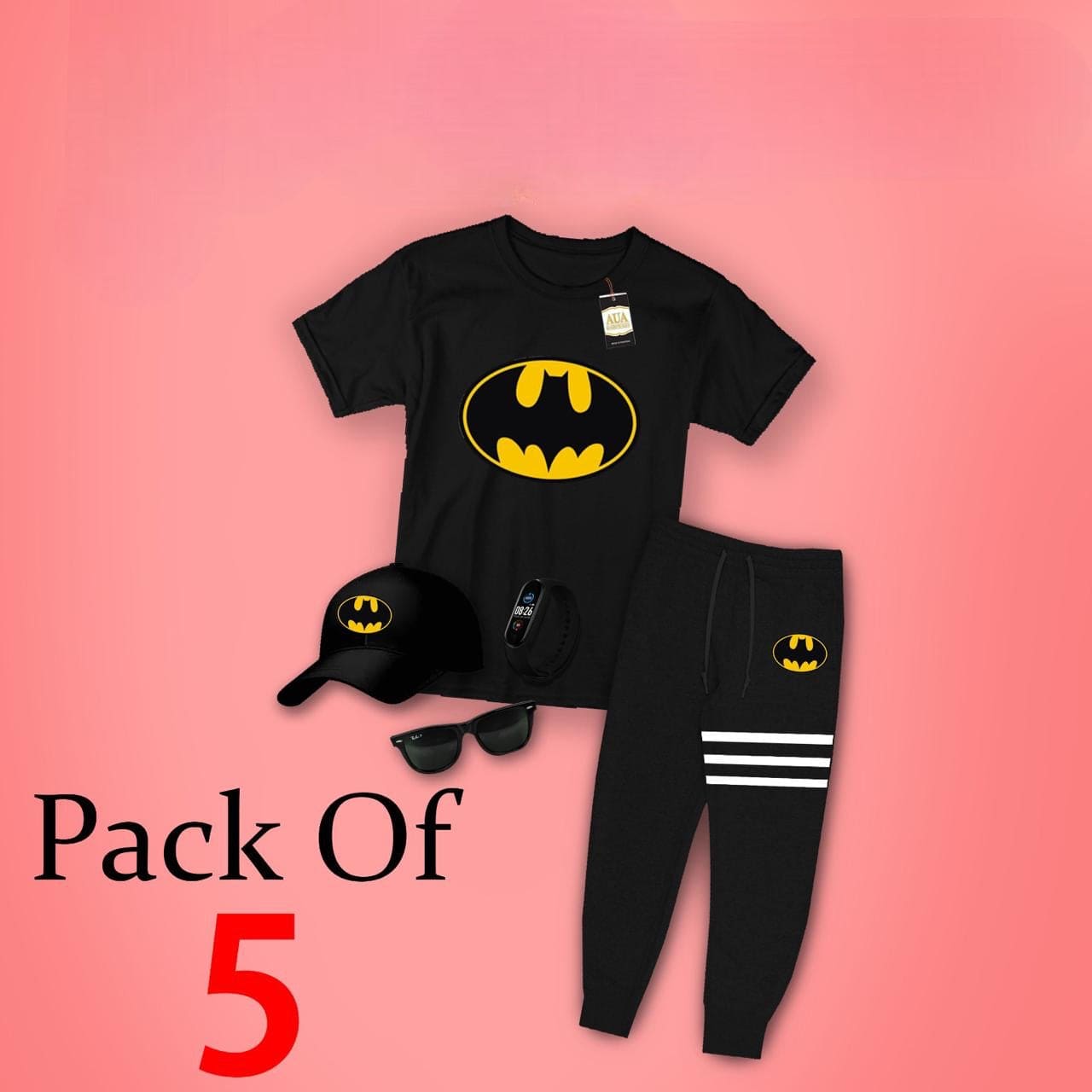 Pack Of 5 Kids Batman Print Track Suit, Kids Printed Clothes, Children Track Suit With Accessories Pack Of 5 Kids Batman Print Track Suit, Kids Printed Clothes, Children Track Suit With Accessories